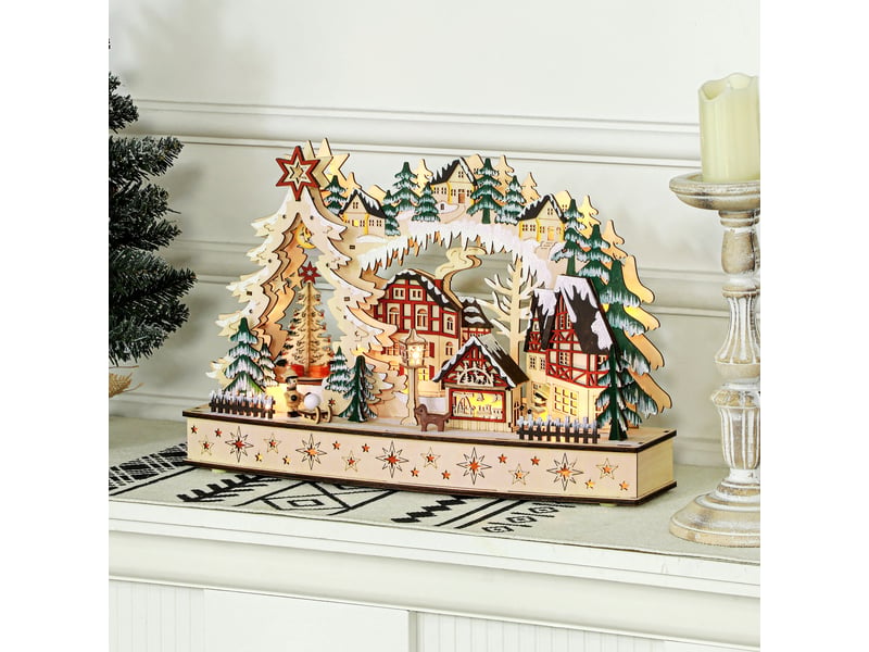  Village de noël lumineux, village de noël animé en bois, avec 20 led, paysage enneigé, 45l x 12l x 30h cm, bois naturel  - Conforama C
