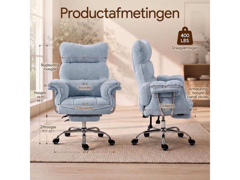  Dowinx fauteuil gaming ergonomique avec repose-pieds, ressorts ensachés, revêtement teddy fleece, charge max. 181 kg, bleu  - Conforama E