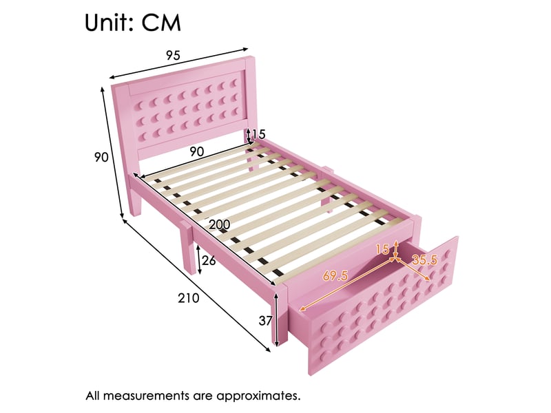  Lit enfant 90x200 cm avec tiroirs et espace de rangement, cadre de lit en bois massif avec sommier lattes, rose, lit 1 personne  - Conforama C