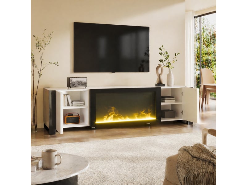  Meuble tv 2 portes avec cheminée électrique décorative sans chauffage pour salon 165×32×55 cm blanc et noir  - Conforama B