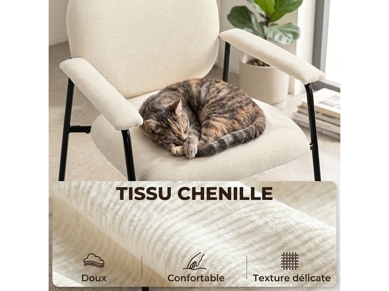 Lot de 2 fauteuils salon, fauteuils d'appoint en chenille avec dossier profilé, accoudoirs rembourrés, crème - Conforama E