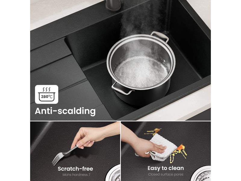  Sofetiy max évier en granit 78x45cm - évier de cuisine noir - avec égouttoir et panier égouttoir - siphon et crépine inclus  - Conforama C