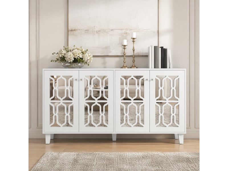  Buffet bas blanc avec finition miroir, 4 portes, poignées effet cristal et étagère intérieure mobile, 160 x 40 x 84 cm  - Conforama D