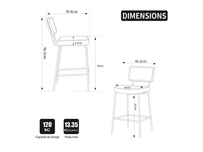 Tabouret de bar ivoire lot de 2 chaises de bar avec dossier aspect rotin et pieds en métal 96.5 cm - Conforama E