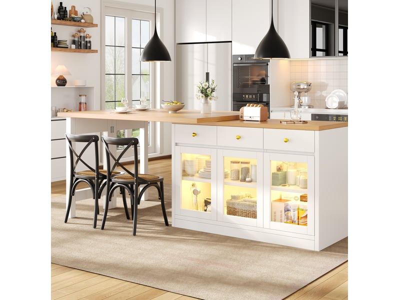 Îlot de cuisine extensible avec 3 tiroirs et 3 portes vitrées, led rgb, pour cuisine et salle à manger, blanc  - Conforama C