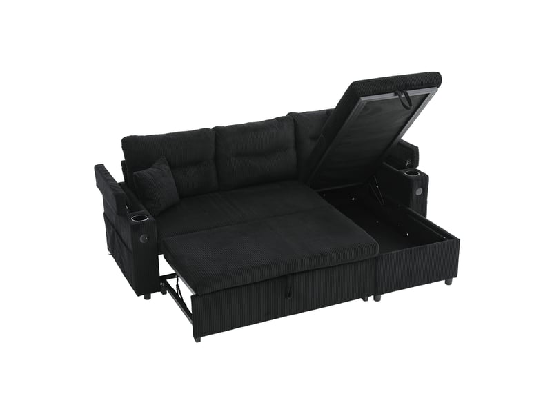  Canapé d'angle convertible 3 places,212.5x136x86cm,tiroir,porte-gobelets,usb-c,canapé-lit en velours côtelé avec méridienne rangement,noir  - Conforama A