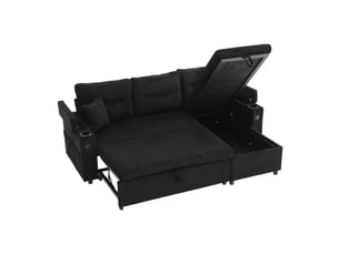 Canapé d'angle convertible 3 places,212.5x136x86cm,tiroir,porte-gobelets,usb-c,canapé-lit en velours côtelé avec méridienne rangement,noir