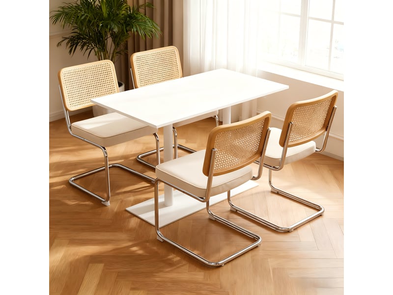  Lot de 4 chaises de salle à manger cantilever 53x46,4x84,6 cm, dossier en cannage rotin, assise rembourrée en velours, piètement chromé, beige  - Conforama B