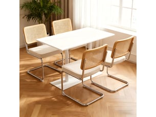 Lot de 4 chaises de salle à manger cantilever 53x46,4x84,6 cm, dossier en cannage rotin, assise rembourrée en velours, piètement chromé, beige