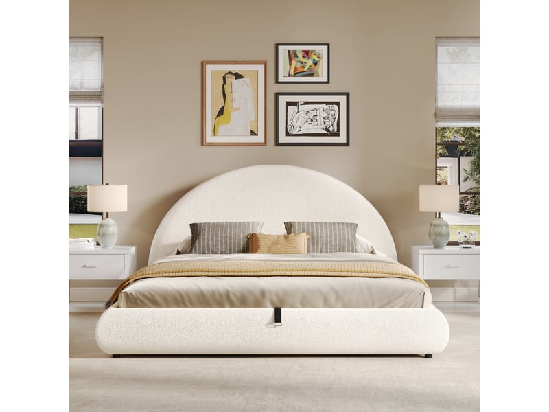  Lit 2 places rembourré 160x200cm avec sommier inclus, lit coffre avec hydraulique, tête de lit 104 cm, blanc bouclé  - Conforama C