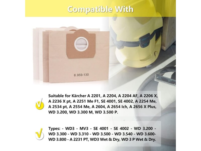  Paquet de 10 6.959-130.0 dustbag en papier a 220122042504 pour karcher wd3 wd3p wet &amp; dry aspirateur de remplacement  - Conforama C