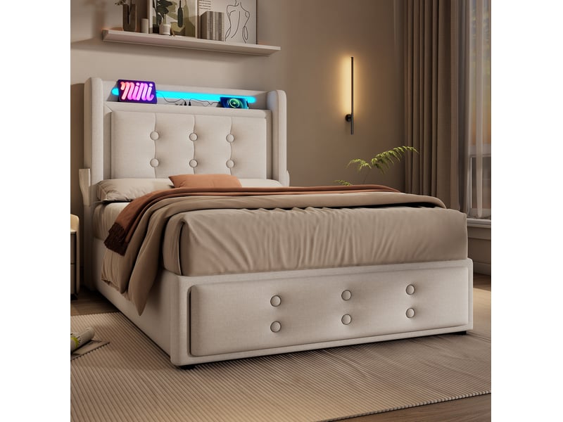  Modenvie lit coffre 90x200 cm - avec rangement intégré, led et ports usb-c, matelas inclus - beige  - Conforama D