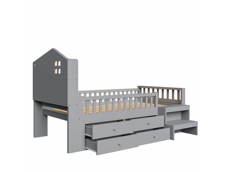  Lit enfant avec barrières et 4 tiroirs, bois massif gris, 90x200 cm, led, usb et type-c  - Conforama E