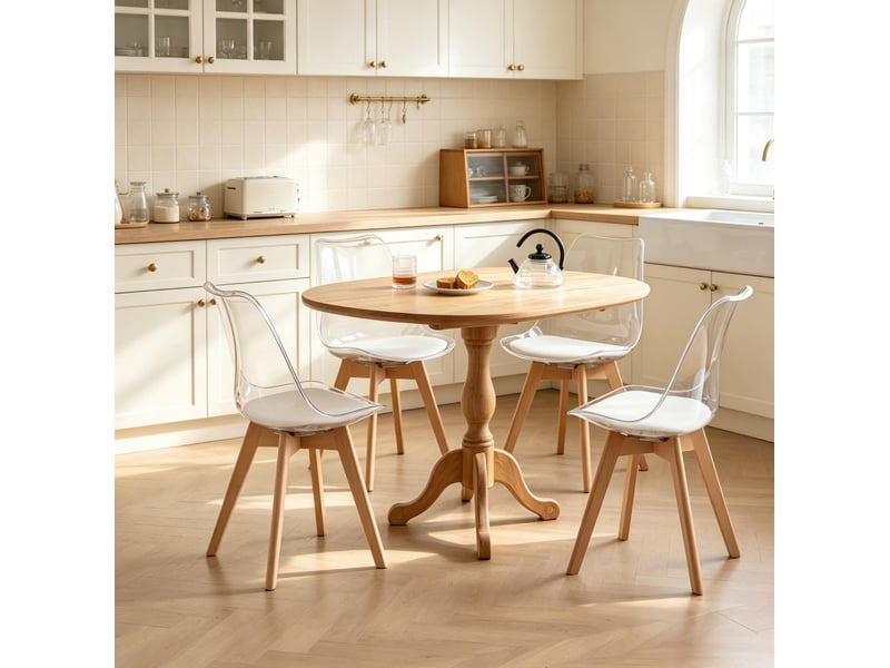  Chaise de salle à manger, lot de 4 avec coussin fixe et patins de protection, en bois et simili cuir blanc  - Conforama D