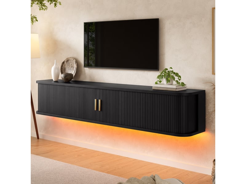  Meuble tv suspendu 175x30x30 cm, 2 portes coulissantes, 1 tiroir, étagères réglables, led par application, façade rainurée - noir  - Conforama E