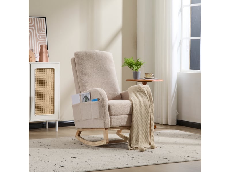 Fauteuil à bascule - 75x63x104 cm - chaise à bascule avec repose-pieds et poches latérales en tissu teddy - beige - Conforama B