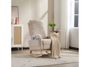 Fauteuil à bascule - 75x63x104 cm - chaise à bascule avec repose-pieds et poches latérales en tissu teddy - beige