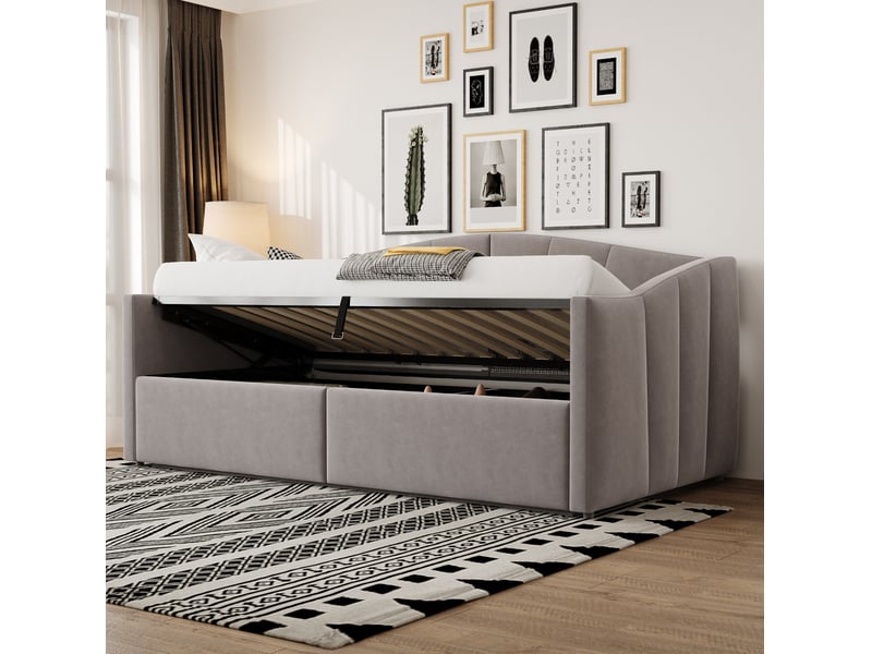  Lit coffre tcqpz 90 x 200 cm avec rangement hydraulique, sommier à lattes, accoudoirs, velours gris clair  - Conforama E