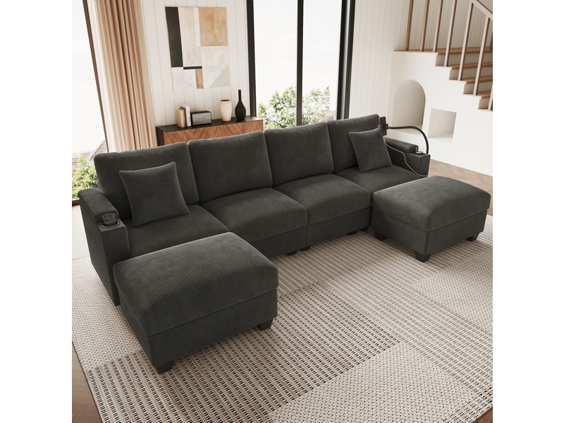  Canapé panoramique en u modulaire avec fonction convertible, ports usb et support smartphone, en velours côtelé gris  - Conforama D
