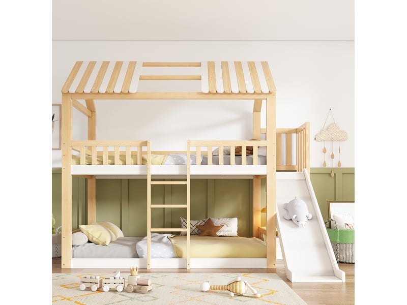  Lit superposé enfant 90x200 cm avec toit, toboggan et étagère blanc naturel  - Conforama E