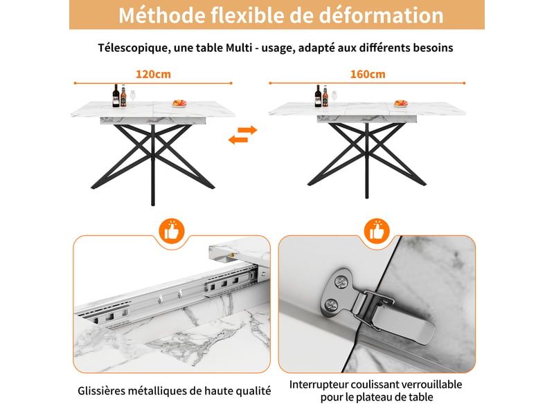  Ensemble table et chaises avec table extensible et 4 chaises en mdf et métal blanc pour salle à manger  - Conforama E