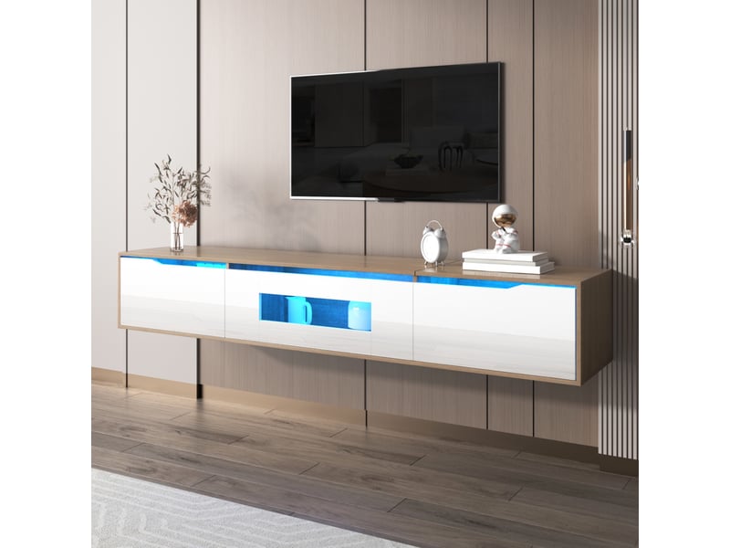  Vitrine &amp; meuble tv 180×30×35 cm – couleur chêne + blanc laqué, led 16 couleurs  - Conforama B