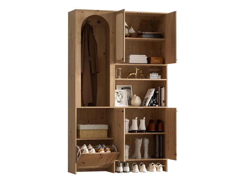  Ensemble vestiaire ulevr avec rangement et meuble à chaussures, 120 x 35 x 200 cm, 4 portes, compartiment basculant, décor rotin, naturel  - Conforama A