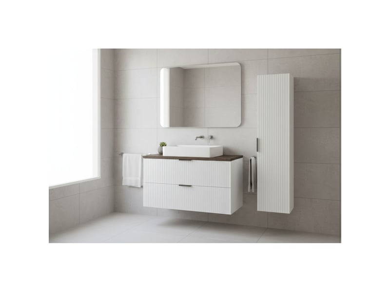  Ensemble de salle de bain noxera 60 cm – meuble sous vasque suspendu blanc avec plan pour vasque effet bois épicéa et colonne  - Conforama B