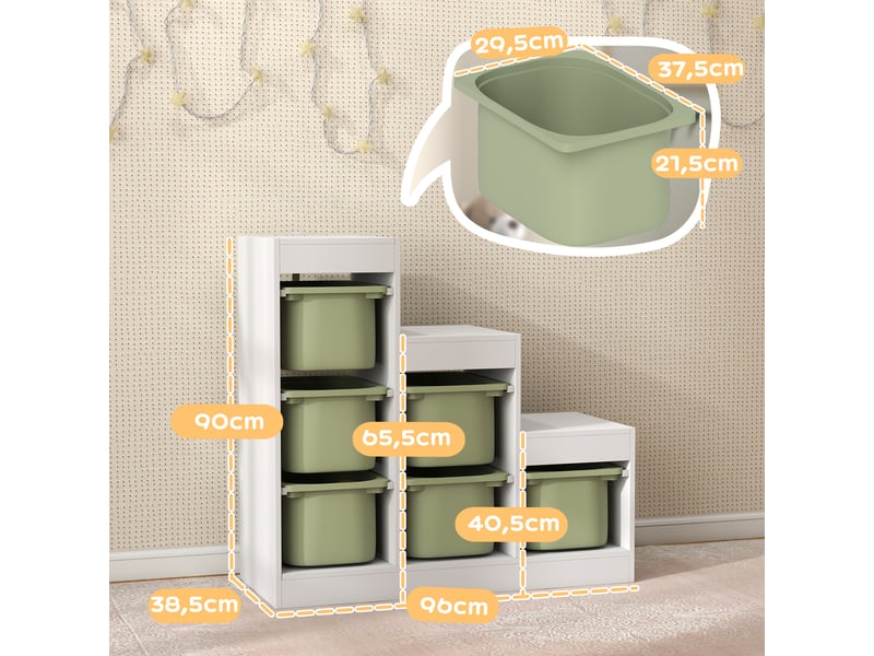  Meuble de rangement pour jouets des enfants avec 6 bacs amovibles, 3 niveaux de rangement, 96 x 38,5 x 90, vert  - Conforama D