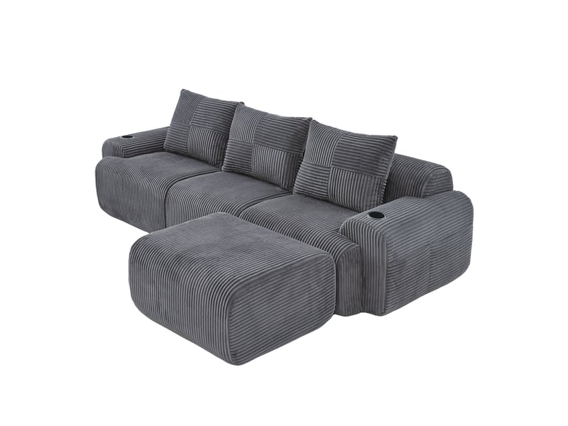 Canapé modulable 3 places 268x174x80 cm avec poufs velours côtelé gris foncé - Conforama A
