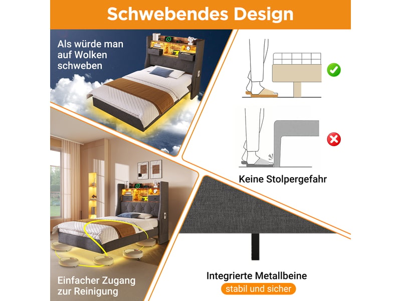  Lit simple, lit enfant 90x200 cm, rangement intégré, tête de lit avec rangement, led, usbusb-c, lin gris, matelas inclus  - Conforama E