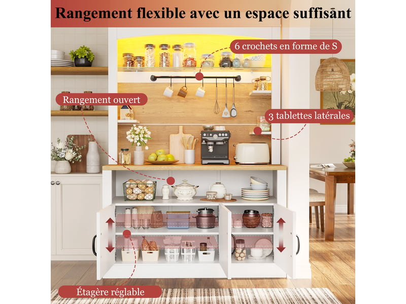 Lot de 2 buffets de cuisine 203 x 40 x 174 cm avec plan de travail, éclairage led, étagères réglables, 12 crochets et 6 tablettes latérales, blanc - Conforama D