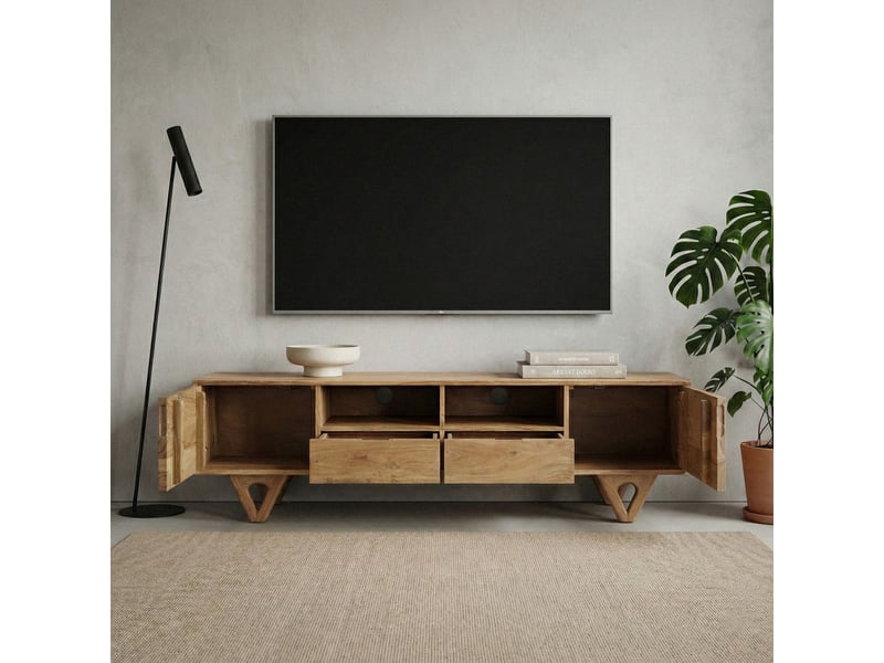 Finebuy meuble tv bas en bois massif d'acacia 160cm - meuble tv avec portes, tiroirs et compartiments ouverts - meuble tv avec passe-câbles - commode tv moderne  - Conforama E