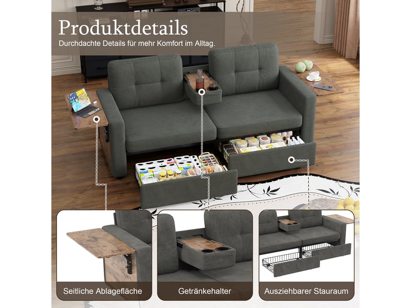 Canapé 2 places en chenille avec rangement intégré, table d’appoint réglable et porte-gobelets - gris foncé - Conforama D