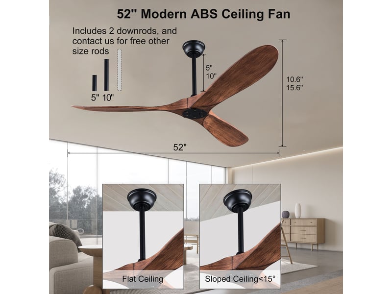  Ventilateur de plafond 132 cm sans éclairage 3 pales abs noir et noyer foncé réversible 6 vitesses télécommande silencieux  - Conforama C