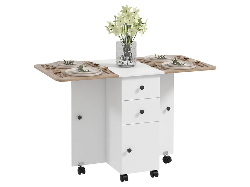  Table de cuisine pliable table à manger pliante 2 plateaux rabattables avec 2 tiroirs 1 placard blanc et chêne  - Conforama A