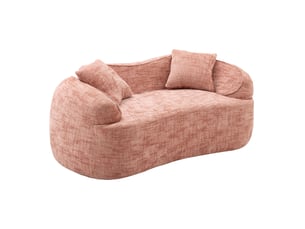 Canapé droit fixe 2 places rose en tissu, accoudoirs arrondis et 2 coussins, idéal pour petits espaces