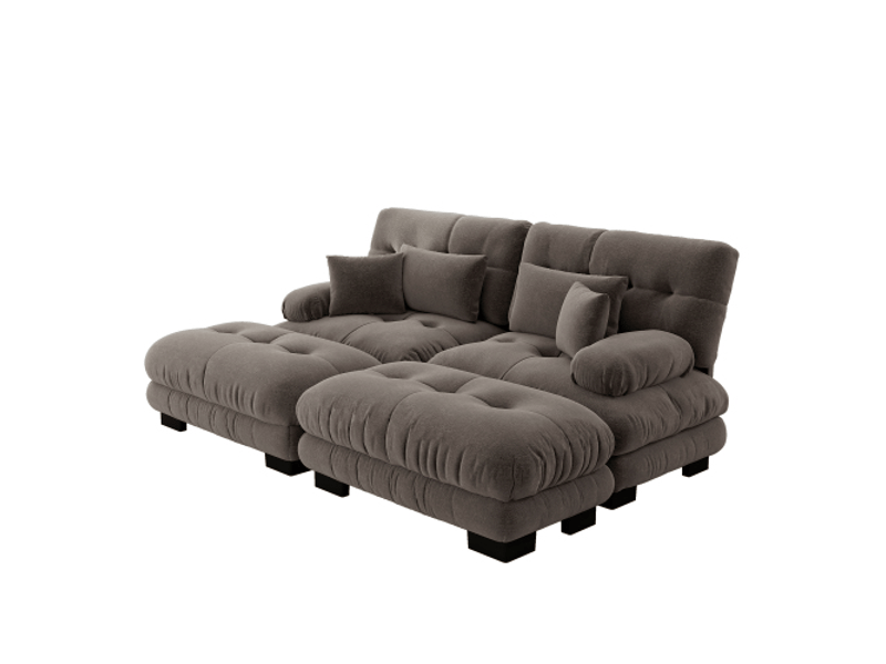 Canapé cloud marron en chenille - 2 poufs et coussins inclus, accoudoirs larges, salon moderne - Conforama D