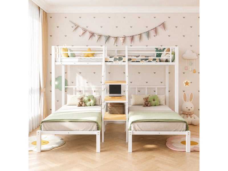  Lit superposé 90x200 cm à 3 couchages avec éclairage led et 2 ports usb en métal blanc  - Conforama D