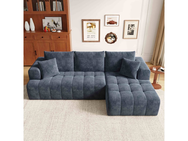  Canapé d'angle modulable 3 places 244.5x136x79 cm, canapé nuage sans structure, tissu chenille, design bas, coussins inclus - bleu  - Conforama B