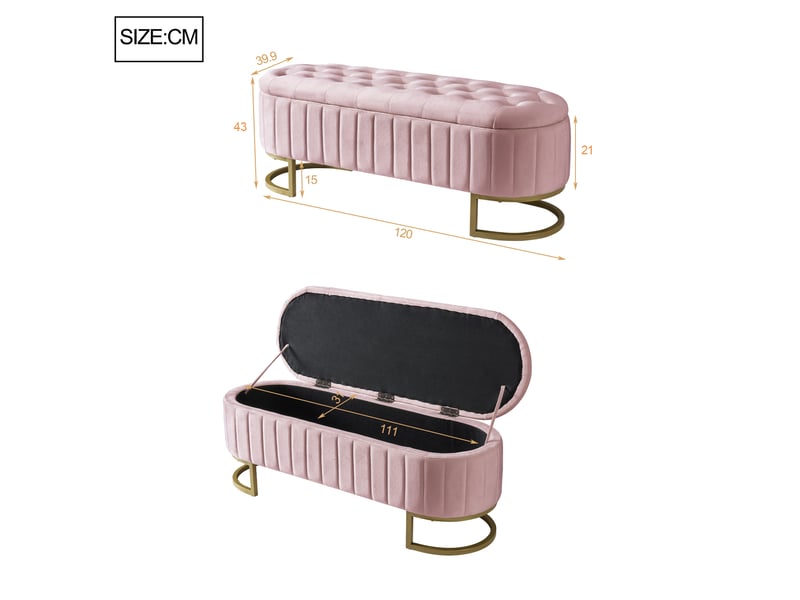  Banc de rangement 120 x 39,9 x 43 cm rose en velours, assise d'appoint avec coffre dissimulé  - Conforama C