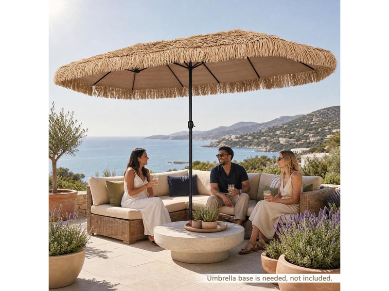  Parasol de jardin exterieur en paille pe 4,5x2,7m, grand parasol rectangulaire double exotique avec 12 baleines, manivelle, protection solaire  - Conforama B