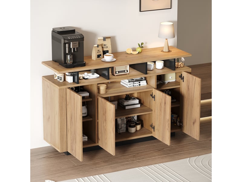  Buffet, naturel, panneau de particules, 140 × 40 × 85 cm, 4 portes, pour salon, entrée et bureau, dispositif anti-basculement  - Conforama C
