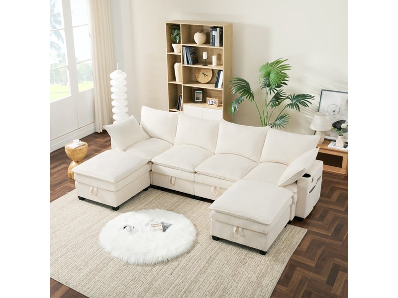  Canapé d'angle, canapé modulable, en velours côtelé, beige, porte-gobelets, repose-pieds, design moderne, usb  - Conforama D