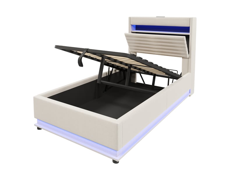 Lit rembourré beige 90x200 cm en lin, rangement hydraulique, led, usb-c - Conforama D