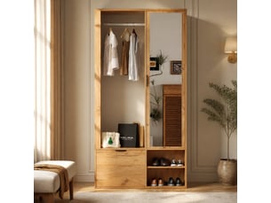 Meuble d'entrée 100x33x190 cm – bois naturel – miroir, penderie et rangement 6-en-1