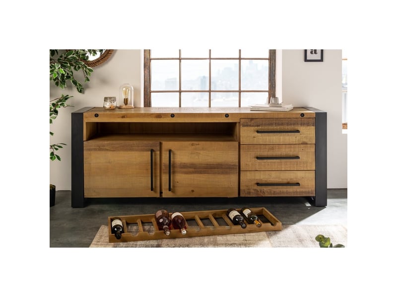  Buffet cavara 195 cm – pin massif brun vintage et métal noir – 2 portes, 3 tiroirs et range-bouteilles  - Conforama E