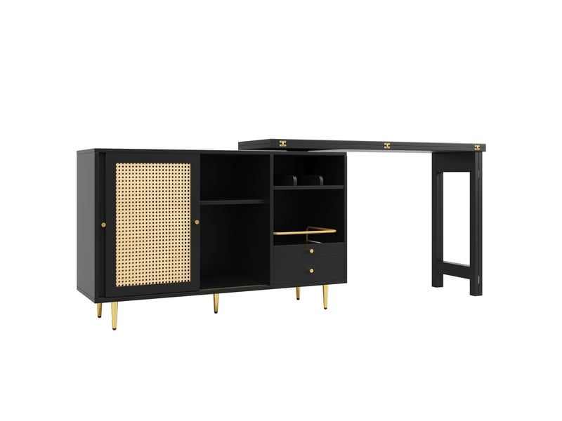  Table de bar pivotante extensible avec 2 portes coulissantes en rotin,étagère de rangement ouverte et pieds en métal doré,noir table de bar noir - Conforama E
