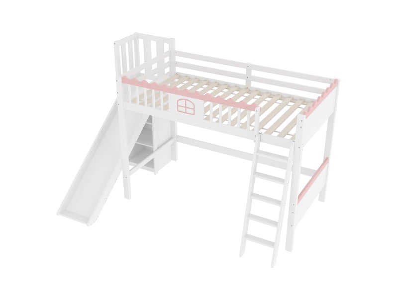  Lit mezzanine enfant avec toboggan et lumières led, lit simple 90x200 blanc en bois massif avec étagères, certifié en747.  - Conforama A