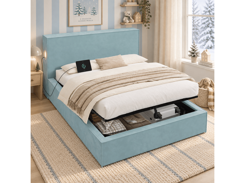  Lit coffre hydraulique 140x200 cm en velours, lit double rembourré avec tête de lit épaisse, sommier à lattes et grand rangement - bleu  - Conforama B
